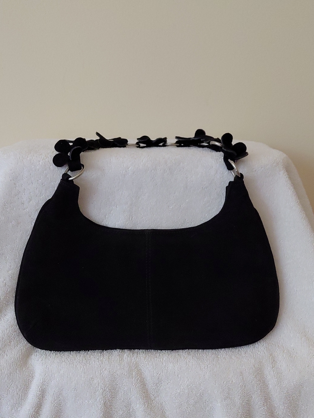 Black Faux Suede Shoulder Bag with Floral Handle